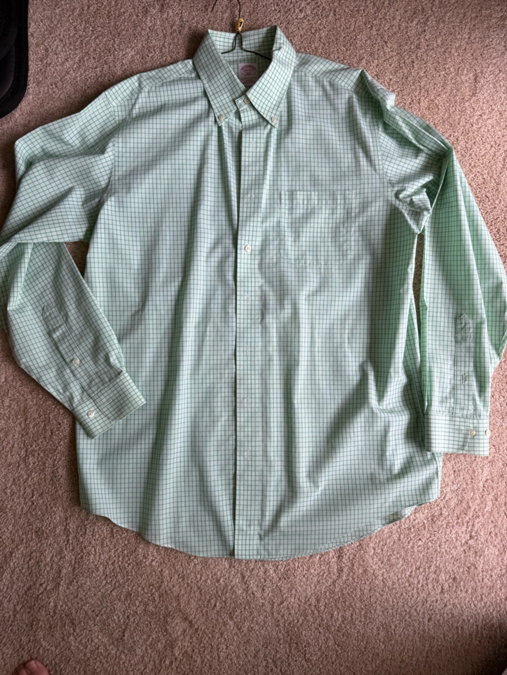 Brooks Brothers Green Check Dress Shirt 16.5 34 Non Iron Button Down -note stain